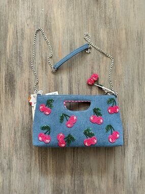 Made in India Denim Cherry Beaded Crossbody Bag